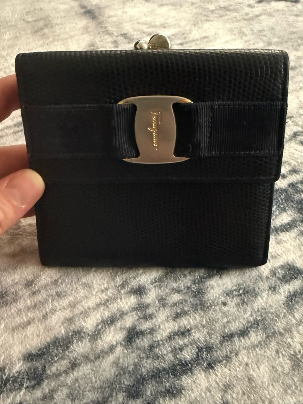 Authentic Salvatore Ferragamo Black Textured Leather Wallet with Vara Bow